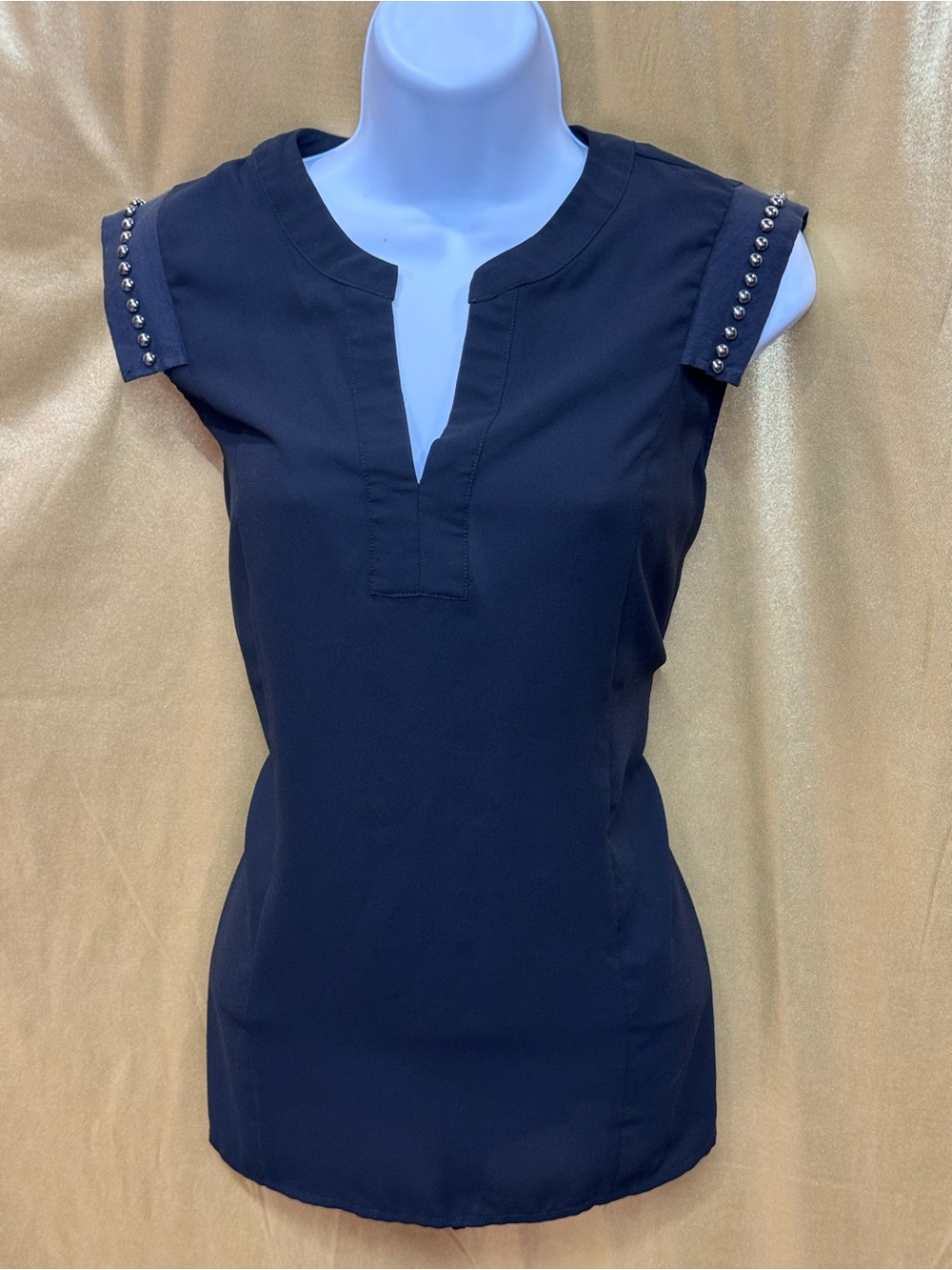 Pixley Black Split V-Neck Cap Sleeve Blouse with Silver Stud Trim - Size M